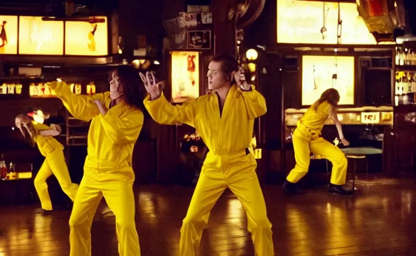 Prompt: scene from a new kill bill movie, featuring vitalik buterin wearing yellow jumpsuit and charles hoskinson wearing cowboy clothing, action scene in a bar, cinematic, rock band in the background, directed by quentin tarantino