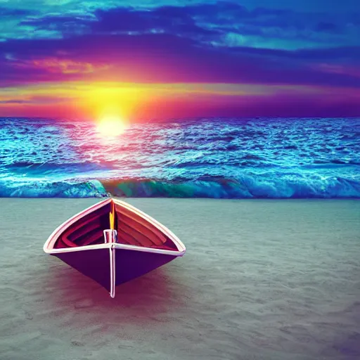 Prompt: a boat chilling on the beach, sunset, vaporwave