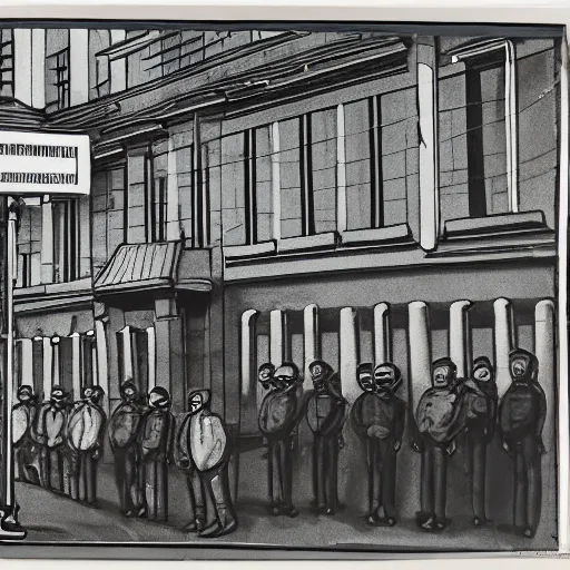 Prompt: the assemblage depicts a police station in the lithuanian city of vilnius. in the foreground, a group of policemen are standing in front of the building, while in the background a busy street can be seen. by patrick brown funereal