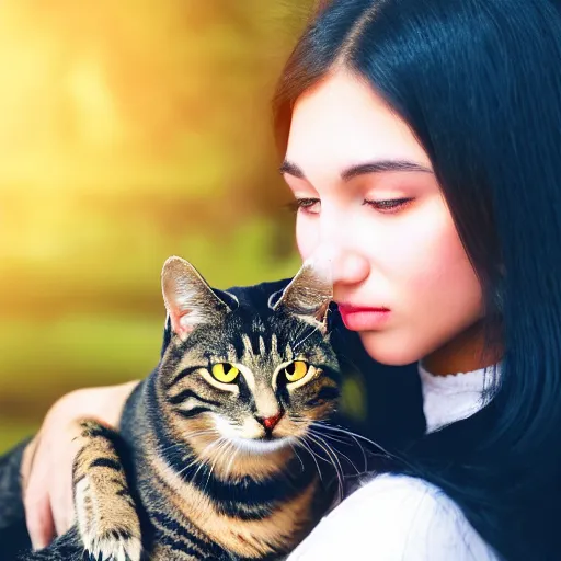 Image similar to a girl with long dark hair, big and shiny black eyes and her tabby cat, a stock photo by juan villafuerte and minerva j. chapman, pexels contest winner, high quality photo, rtx, hd, tumblr contest winner, anime, pretty, sensual