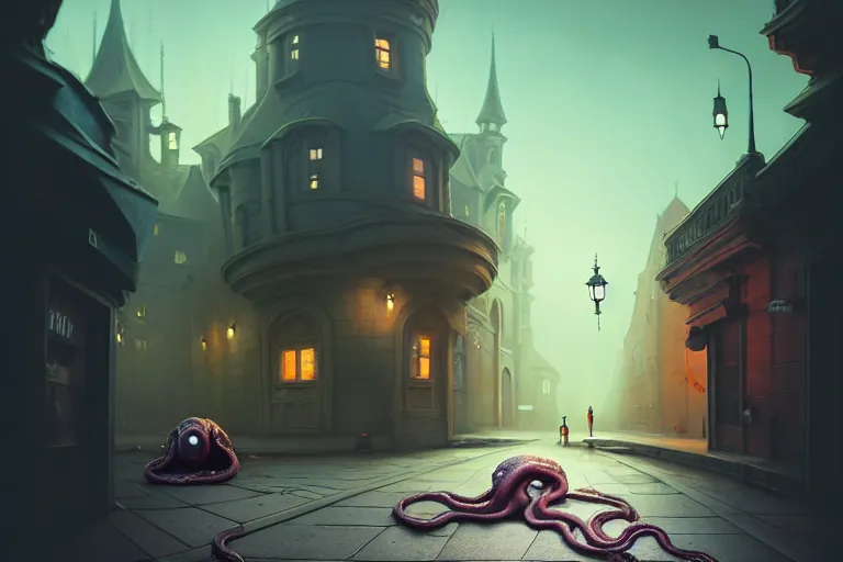 Image similar to the street in front of the castle surrounded by tentacles, a body in a hoodie lies on the street, an empty flask lies nearby, tentacles burst out of the body, peter mohrbacher style, ray tracing, octane render, cinematic, digital art, realistic, high quality, 8 k