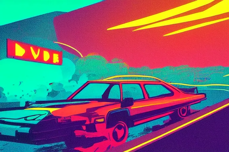 Prompt: 🚗🌌⚡😎, synthwave aesthetic, neon colours, 1 9 8 0 illustration, film grain