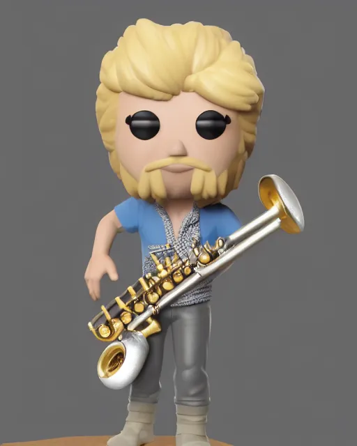 Image similar to full body 3d render of blond hippie man playing sax as a funko pop!, studio lighting, grey background, single body, no shadow, blender, trending on artstation, 8k, highly detailed