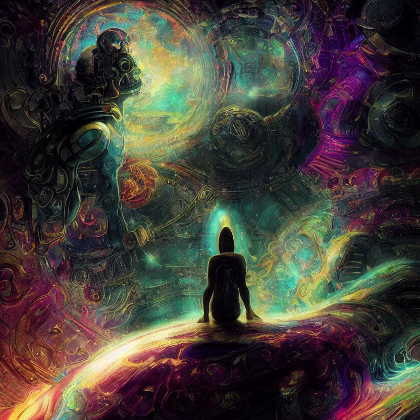Prompt: a close - up view portrait of a silhouetted cosmic wizard meditating with iridescent metallic technology headwear in sci - fi baroque neoclassicist halls. detailed textures. glowing colorful fog, dark black background. highly detailed fantasy science fiction painting by moebius, norman rockwell, frank frazetta, and syd mead. rich colors, high contrast. artstation