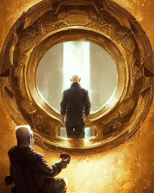 Prompt: An old man looking into a golden mirror, highly detailed, fantasy art, in the style of greg rutkowski, illustration, epic, fantasy, intricate, hyper detailed, artstation, concept art, smooth, sharp focus, ray tracing