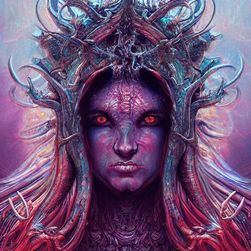 Prompt: Photorealistic demon goddess in the style of Michael Whelan and Gustave Dore. Hyperdetailed photorealism, 108 megapixels, amazing depth, glowing rich colors, powerful imagery, psychedelic Overtones, 3D finalrender, 3d shading, cinematic lighting, symmetry, artstation concept art
