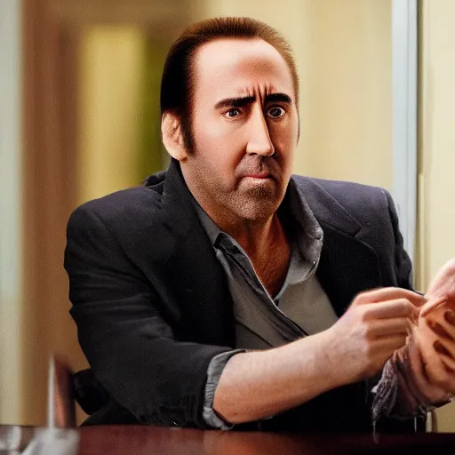 Prompt: nic cage but he is playing a thinner version of nic cage, movie still, hd digital photography - n 9