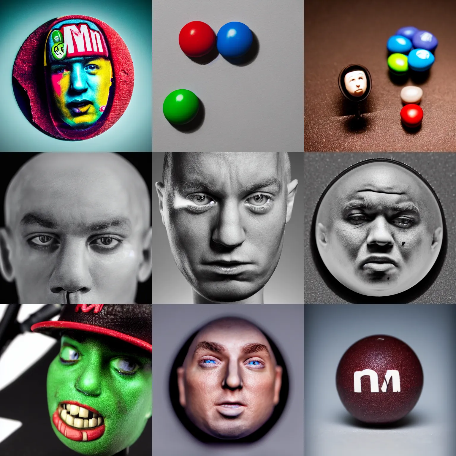 Prompt: an m & m with the face of rapper eminem, macro lens, studio lighting