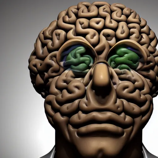 Prompt: a fine art sculpture made of brains forming a brainiac scientist statue in a 3D render room