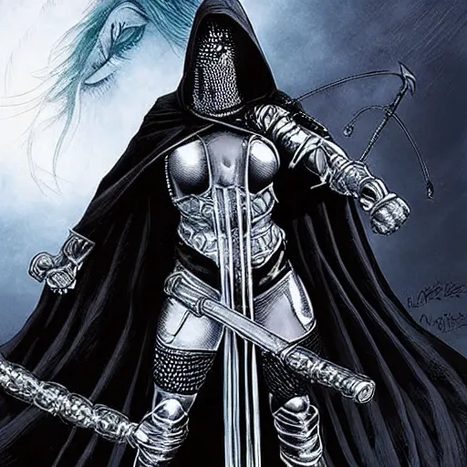 Image similar to a warrior woman in a hooded dark robe, her face is covered by a chain - mail veil, standing in a fighting stance and holding a long staff, intricate, elegant, highly detailed, smooth, sharp focus, high contrast, graphic novel, art by pepe larraz,