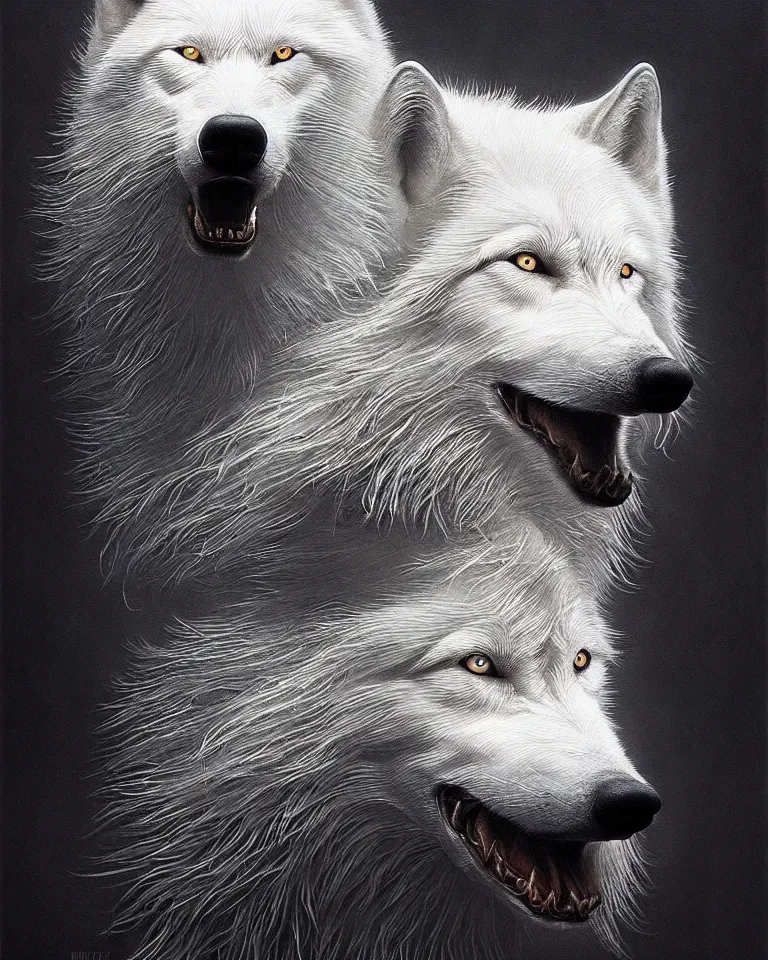 Image similar to ultra realist intricate detailed portrait of a white wolf that growls, insanity, accurate features, apocalyptic, very intricate details, 8 k resolution, dim lighting, volumetric lighting, artstyle, zdzisław beksinski and keith thompson, award winning