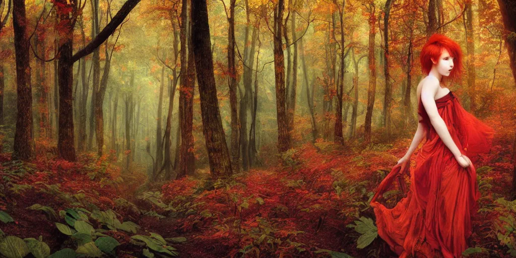 Image similar to a beautiful illustration of a red head female in a forest, autumn, cinematic composition, mist, style of yoshitaka amano and alfons mucha