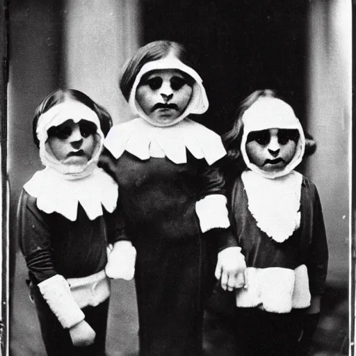 Prompt: Kids in vintage Halloween costumes, photo taken on an old box camera, black and white, film grain, 1920s, Daguerreotype, old photo, detailed, grotesque