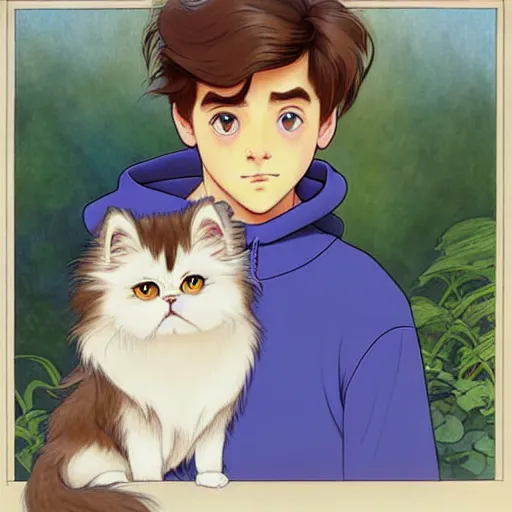 Prompt: teen boy with brown hair and big blue eyes, wearing a hoodie, fluffy white persian cat, natural lighting, path traced, highly detailed, high quality, cartoon, digital painting, by don bluth and ross tran and studio ghibli and alphonse mucha, watercolor