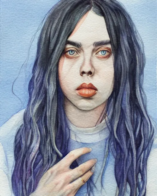 Prompt: a watercolor portrait of billie eilish