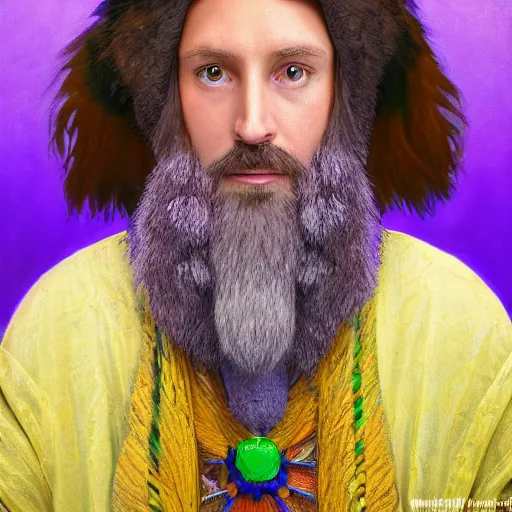 Prompt: A professional digital portrait painting of a hippie D&D druid, painted by Wes Anderson, painted by Hayao Miyazaki, dressed in light armor, 4k, digital art, trending on cgsociety, highly detailed, head and shoulders shot, shallow depth of field, purple and yellow lighting, professional lighting, airbrush,