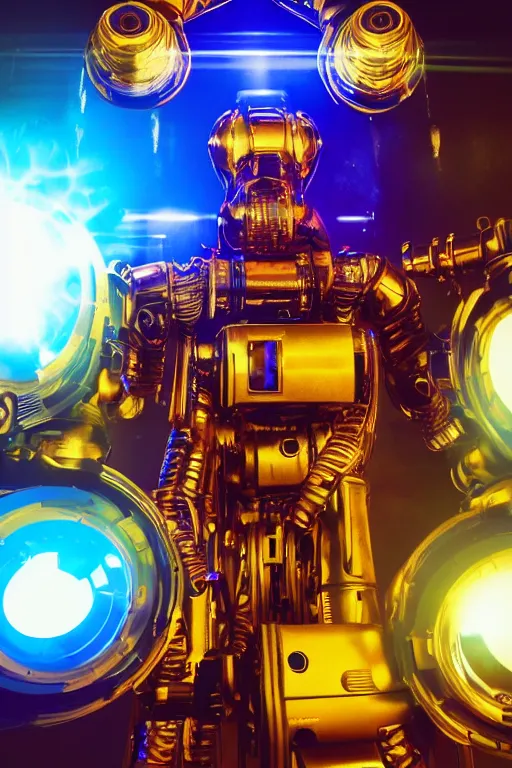 Image similar to portrait photo of a giant huge golden and blue metal humanoid steampunk robot, television camera on the shoulder, with gears and tubes, eyes are glowing red lightbulbs, shiny crisp finish, 3 d render, 8 k, insaneley detailed, fluorescent colors, background is multicolored lasershow