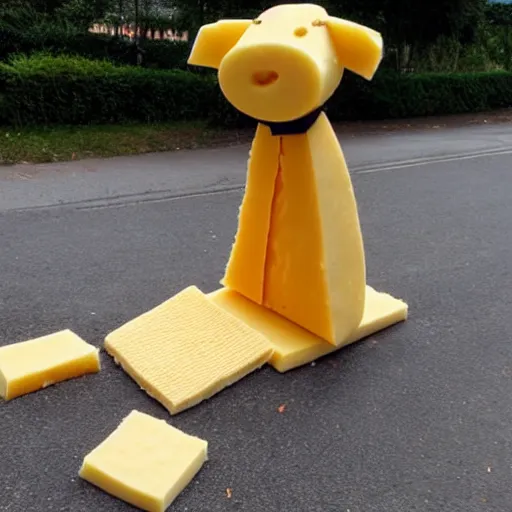 Prompt: boy made of cheese walks a dog made of cheese on a street made of cheese