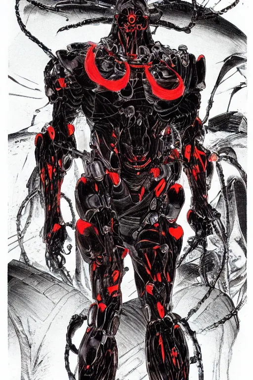 Image similar to beefy biomechanical soldier enhanced using a nanosuit with biological muscle under the armor plating, at dusk, a color cover illustration by tsutomu nihei, tetsuo hara and katsuhiro otomo