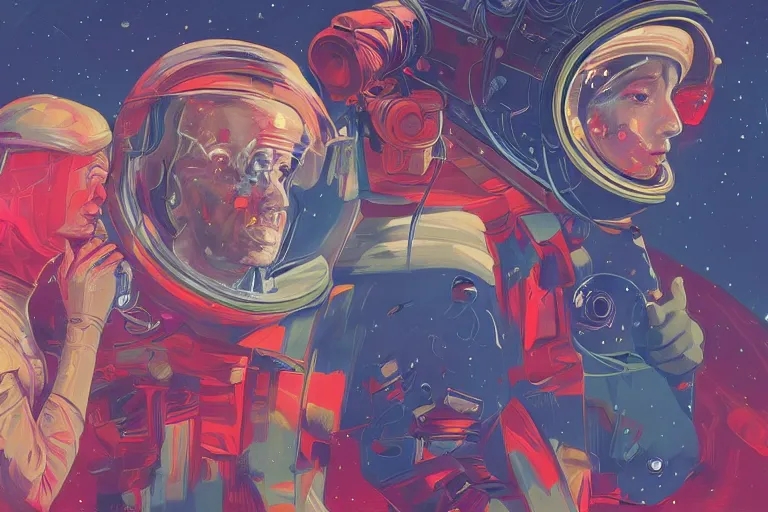 Image similar to a painting of a man and a woman in space, a computer rendering by James Jean, featured on behance, feminist art, photoillustration, surrealist, behance hd