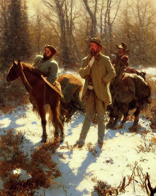 Prompt: handsome men reminisce about the end of winter in a meadow, new grass just begins to poke out of the snow, warm colors, hard angles, painting by gaston bussiere, craig mullins, j. c. leyendecker