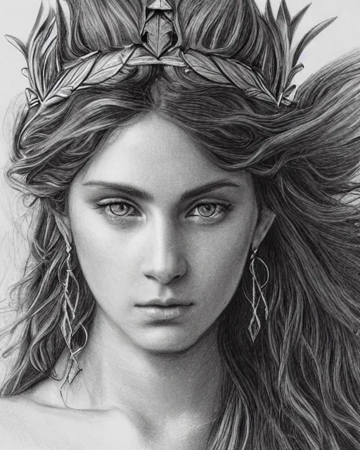 Image similar to pencil drawing of a beautiful greek goddess aphrodite wearing a laurel wreath and arrowhead earrings, beautiful confident and piercing eyes, beautiful flowing hair, hyper realistic face, in the style of greg rutkowski, fantasy, amazing detail, epic, elegant, smooth, sharp focus, from the front