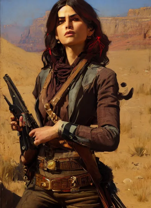 Image similar to Old west smug gunslinger (rdr2, laurie greasley). Iranian orientalist portrait by john william waterhouse and Edwin Longsden Long and Theodore Ralli and Nasreddine Dinet, oil on canvas. Cinematic, hyper realism, realistic proportions, dramatic lighting, high detail 4k