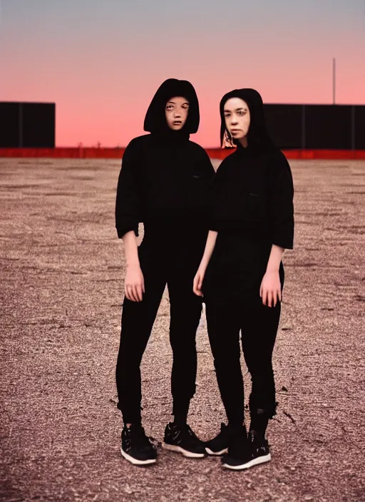 Image similar to cinestill 5 0 d photographic portrait of 2 women wearing black techwear in front of a brutalist sharp - edged metal building, closeup, on a desolate plain with a red sky, dystopia, cyberpunk, closeup, depth of field, 4 k, 8 k, hd, full color