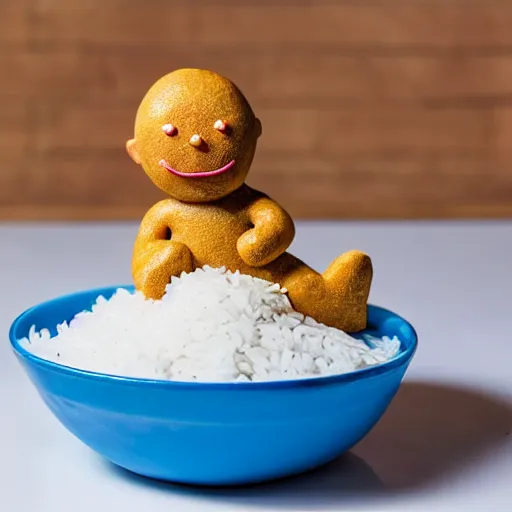 Prompt: ginger man bathing in a large bowl of white rice