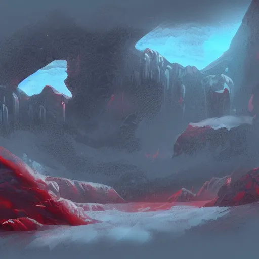 Image similar to Freelance illustration by Erica Rossi of a immense red citadel resting on an immense sheet of ice. December. Hue breaking and color management, concept art.