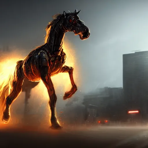 Image similar to apocalyptic, a terminator horse walking on the future street. smoke. volumetric lighting, sharp focus, ultra detailed, cgsociety - w 1 0 2 4 - n 8 - i