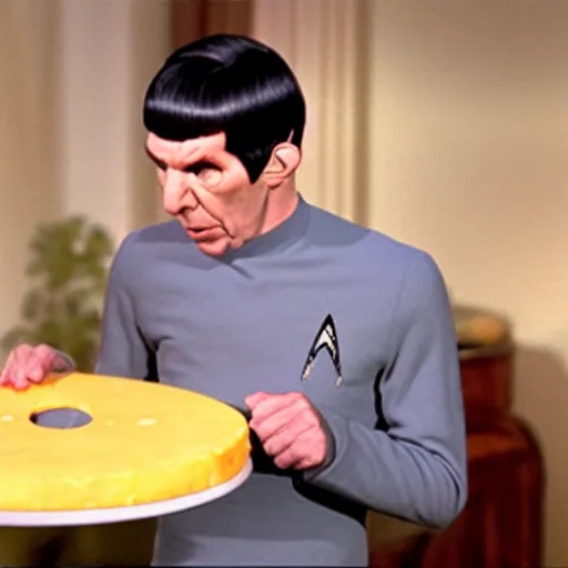 Image similar to spock eating a large wheel of cheese,