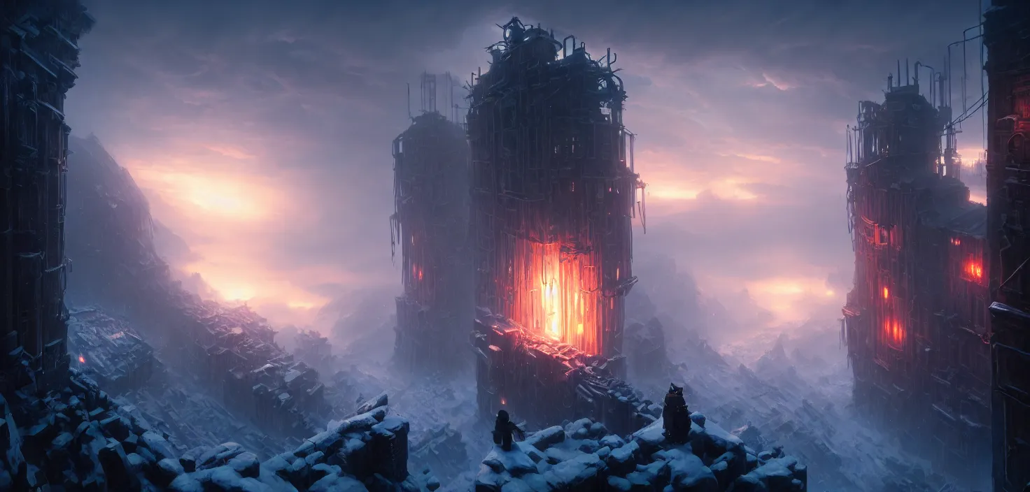 Image similar to frostpunk portal, cinematic view, epic sky, no people, detailed, concept art, high detail, warm lighting, volumetric, godrays, vivid, beautiful, trending on artstation, by jordan grimmer, huge scene, art greg rutkowski