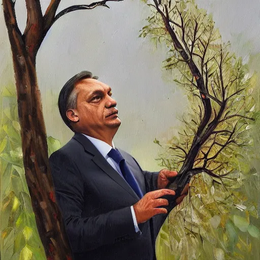 Image similar to viktor orban pruning a tree, oil painting