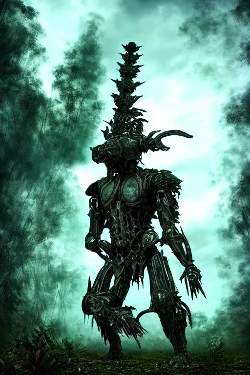 Image similar to post - gothic giant muscular humanoid chimera, exoskeleton armor, holding katana, dystopian ruins covered in vegetation, highly detailed smooth digital art masterpiece, vitaly bulgarov giger dramatic dark teal light, ground angle hd 8 k, sharp focus