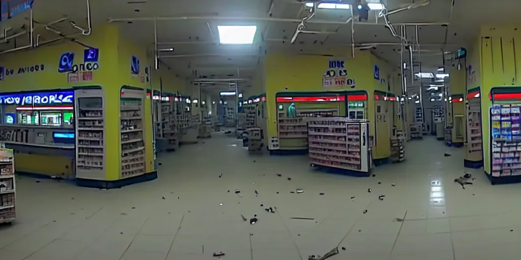 Image similar to abandoned human android factory in a convenience store, damaged camcorder video