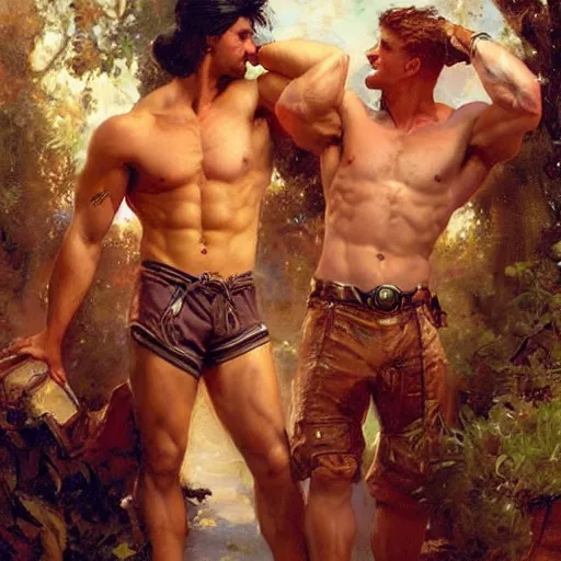 Image similar to attractive muscular male with red hair and attractive muscular male with black hair. pants and shorts, drinking their hearts out, having fun, in a pub. highly detailed and very defined painting by gaston bussiere, j. c. leyendecker, craig mullins 8 k