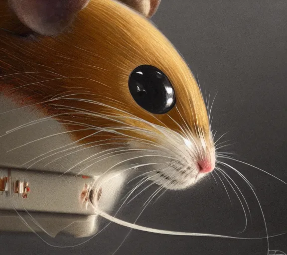 Prompt: a hyper-detailed portrait of a unique animorphic computer mouse by Craig Mullins; a computer mouse that looks like the real animal mouse; trending on artstation; 90mm; f/1.4