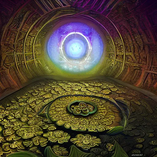 Image similar to a detailed fractal picture of the elevator to hell surrounded by a field of black lotus flowers with petals in a fibonacci sequence, in the style of magic the gathering, highly detailed, digital painting, god rays, volumetric lighting, octane render, 4 k resolution, art by adam paquette and johann bodin and jason rainville