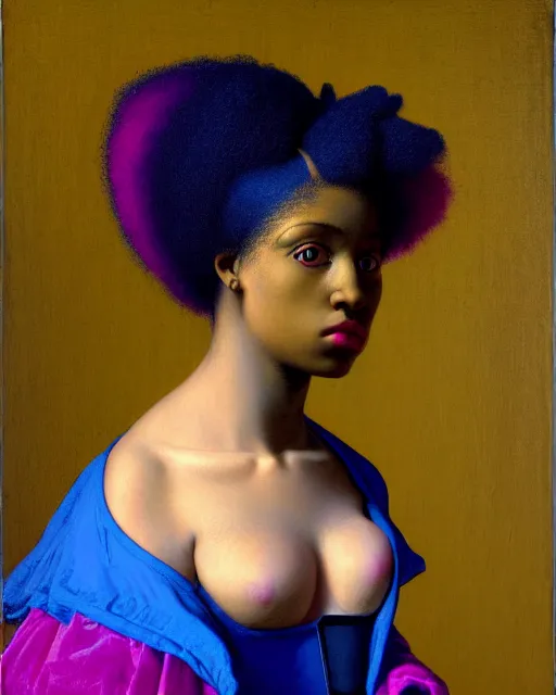 Prompt: photo-realistic portrait of a young black woman with pink hair, wearing a neon blue dress by Vivienne Westwood, intricate details, cyberpunk, super-flat, in the style of Jean Auguste Dominique Ingres, black background