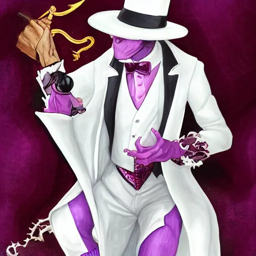 Image similar to a purple skinned tiefling wearing a white suit and tophat