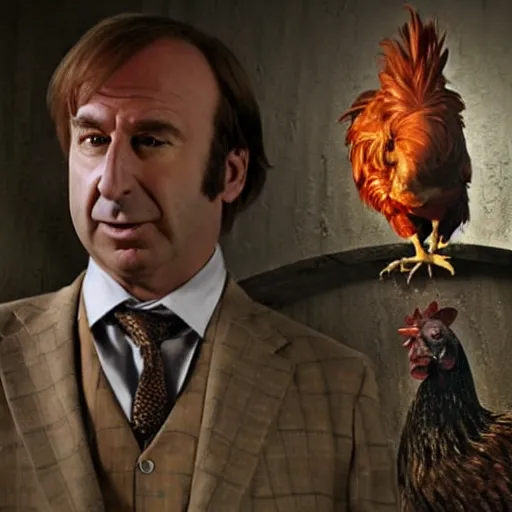 Prompt: saul goodman and a rooster in a medieval torture chamber, saw blades and knives in the background!!, horror movie, saul goodman!!!!!, rooster!!!!!, real life photo, detailed face