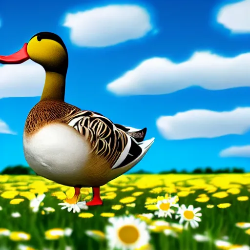 Prompt: a duck in a field of daisies on a bright sunny day, duck surrounded by daisies, with clouds in the sky, lots of little daisies in the field, disney pixar style
