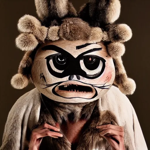 Prompt: a monster with a wooden face with painted eyes and multiple layers of fur and fabric, photography by shoji ueda