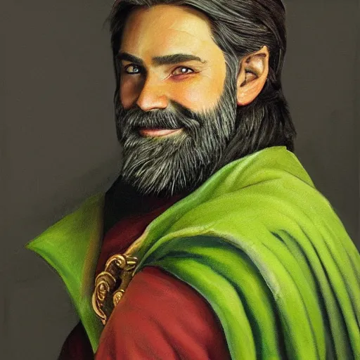 Prompt: beautiful portrait painting of a very short and small male halfing bard with brown hair with some grey hairs, wearing very fancy green cape, full beard, ridiculous smile, from pathfinder, evil smirk, narcissist, self centered, casting fireball, painted by larry elmore, wayne reynolds, greg rutkowski, magic the gathering, dungeons and dragons, dishonored 2