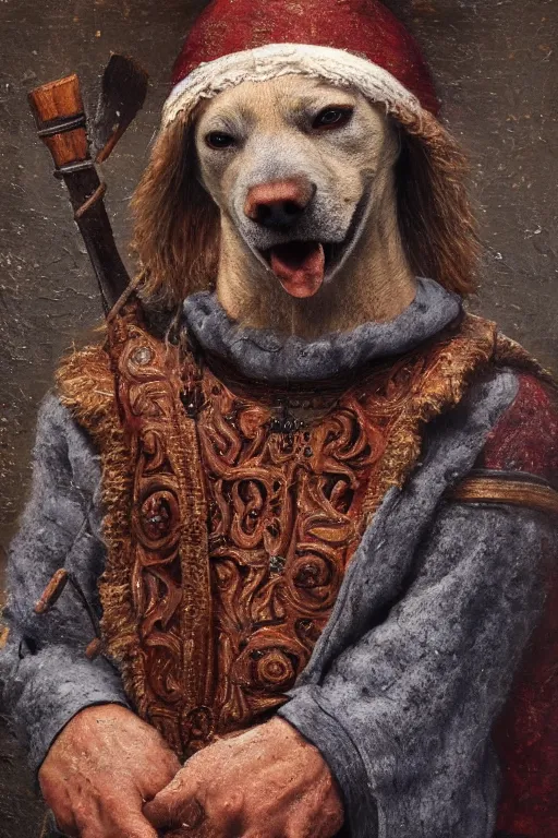 Prompt: Slavic dog head man, woolen torso in medieval clothes, Orthodox, oil painting, hyperrealism, beautiful, high resolution, trending on artstation, with an axe,