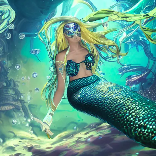 Image similar to highly detailed portrait of a metallic futuristic mermaid under the sea by Akihiko Yoshida, Greg Tocchini, 4k resolution, hearthstone inspired, sea green, yellow, blue, white, coral and black color scheme with graffiti