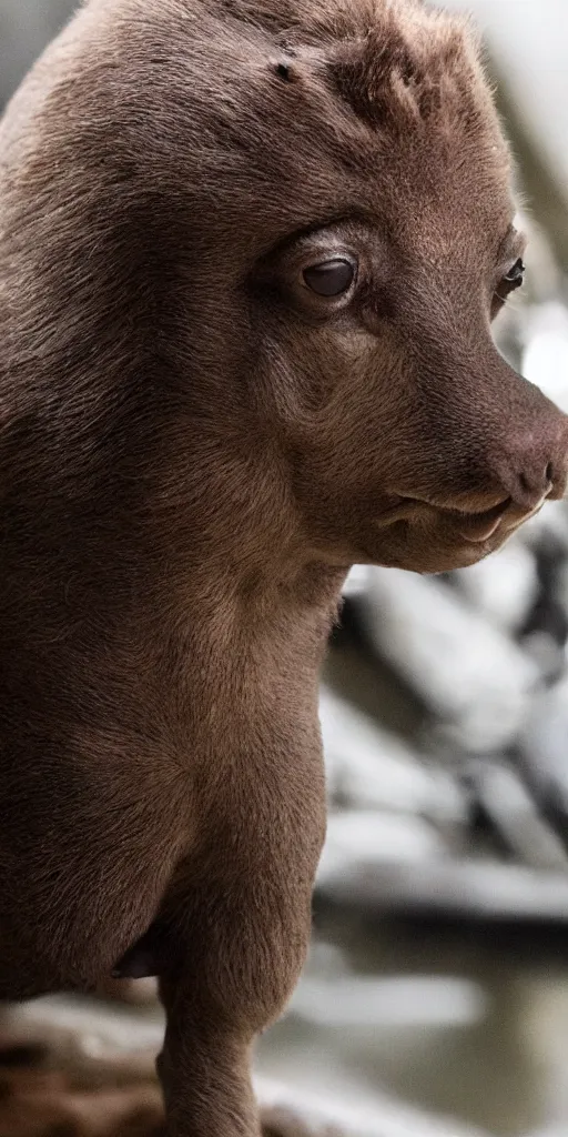 Image similar to a capibara wearing a high tech armor, with daring look on his face, cute and fierce, dramatic lighting, movie footage