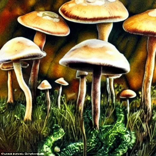 Image similar to mushrooms are the actual flying saucers, hallucination, psychedelics, dreamy, groovy, modern,