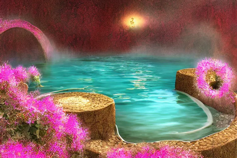 Image similar to a soothing hot spring at the edge of a dream, digital art